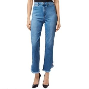 J Brand Jeans High Rise Sawyer Stovepipe Raw Hem Fringe Flat Front